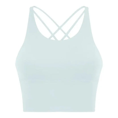 Comfort Full Support Padded Wire Free Cross Back Yoga Sports Bra Seamless Light Blue