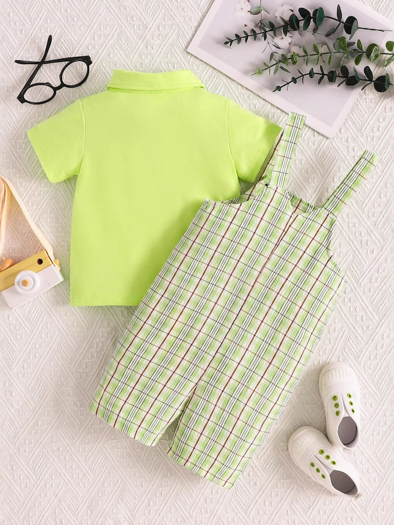 Children's Solid Color Polo & Plaid Overalls Set - -
