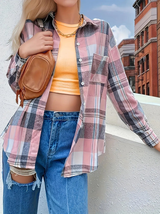Pink Plaid Button Up Long Sleeve Shirt - - Women's Fashion - Women's Clothing - Blouses & Shirts