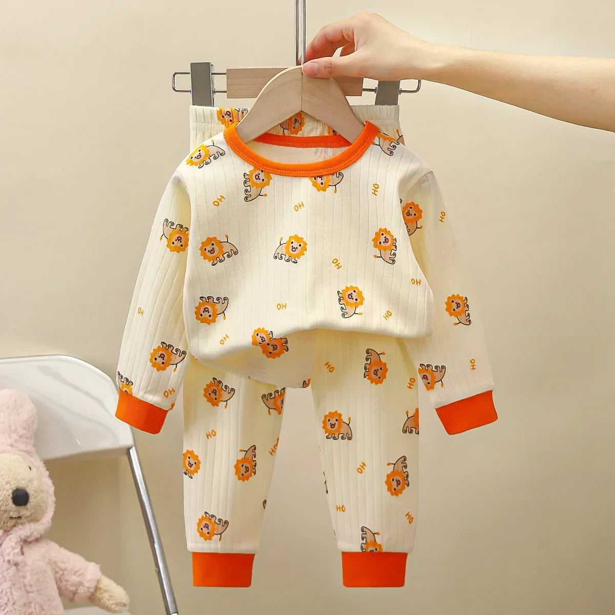 Pure Cotton Pajamas Long Sleeve Top and Pants Set orange cream