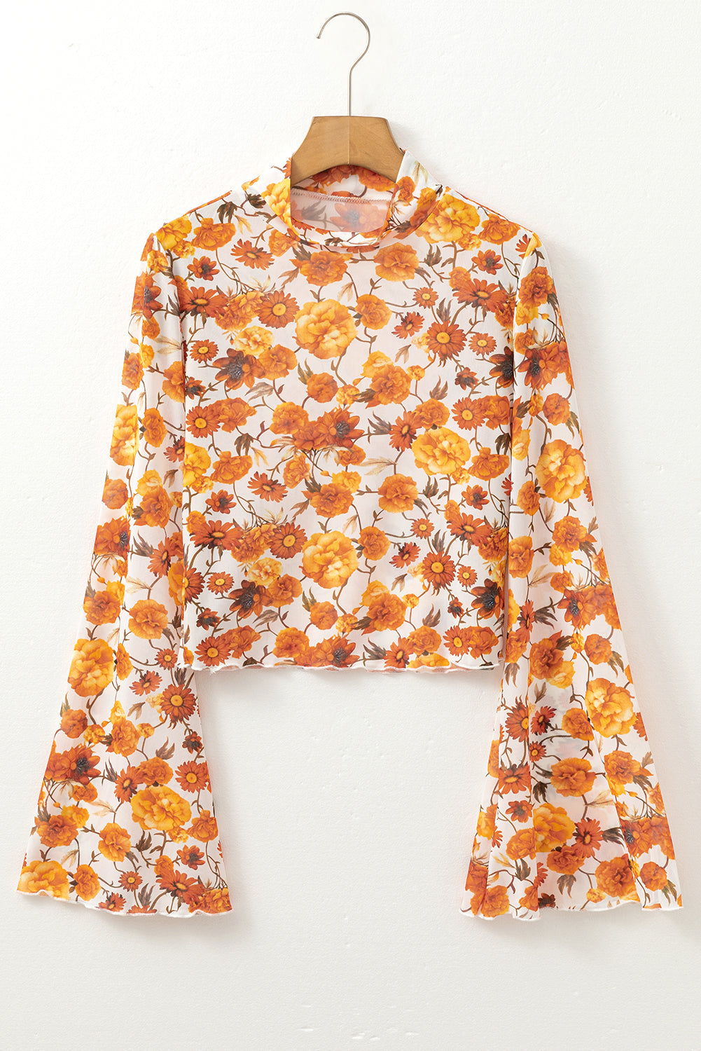 Orange Floral Printed Bell Sleeve Mock Neck Scallop Trim Blouse - - Tops/Blouses & Shirts
