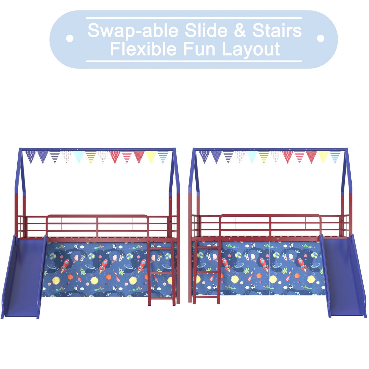 Jack - House Loft Bed With Slide And Curtain Set- HouseOfZazla- {{Product type}}