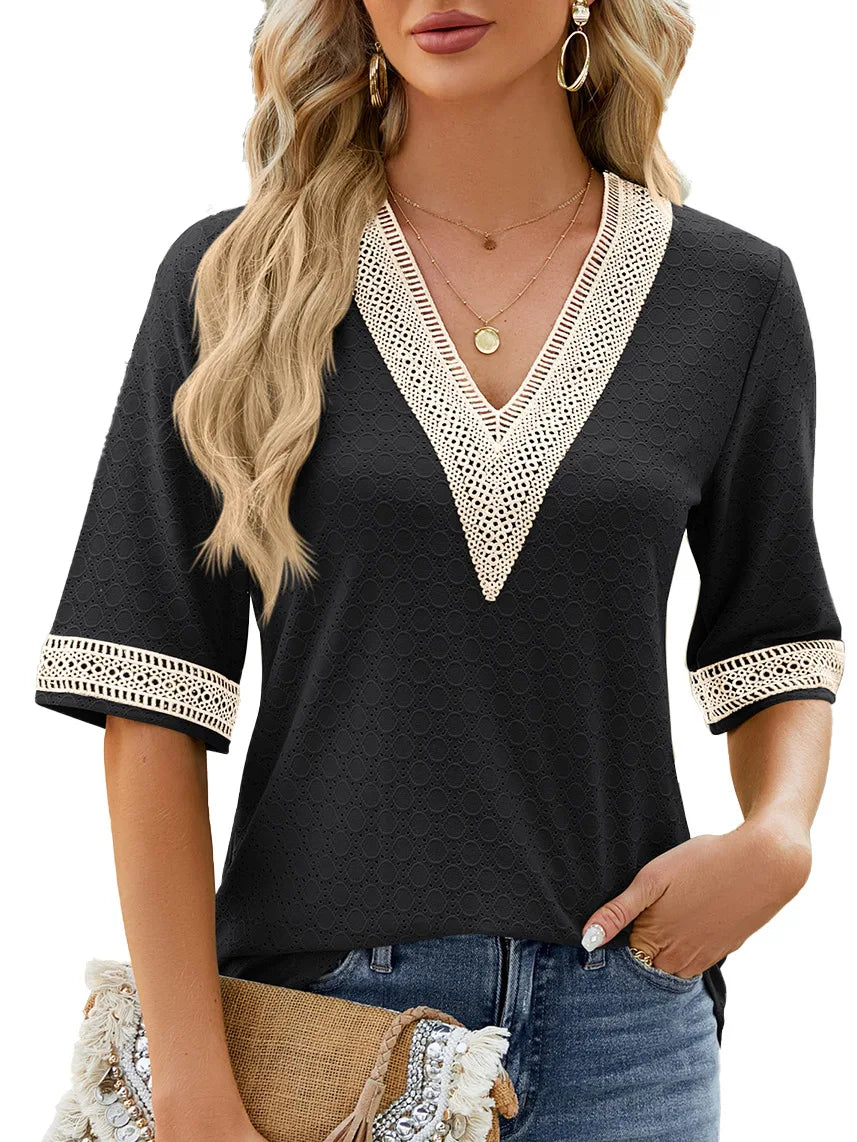 Solid Color Pullover V-Neck Lace Panel Mid Sleeve Shirt