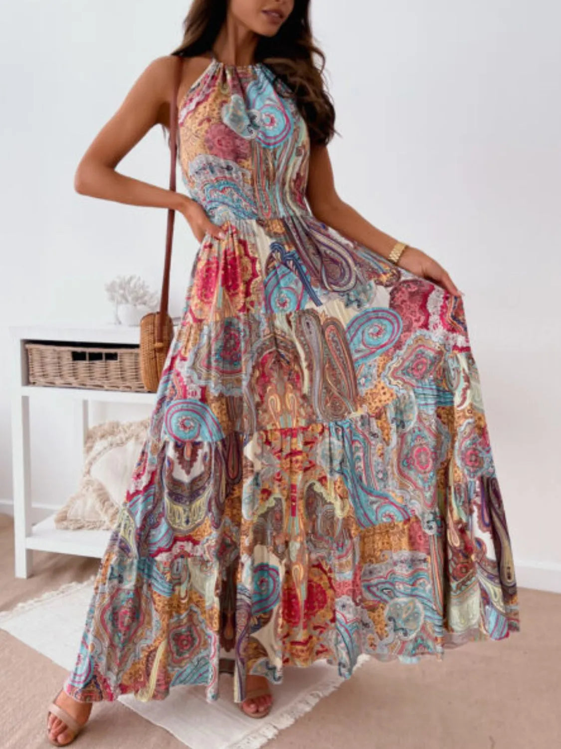 Printed Halter Neck Maxi Dress - -