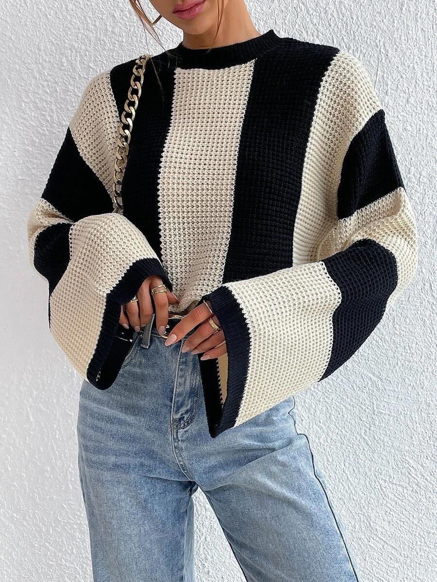 Oversize Knitted Casual Color Blocking Design Women Knitted Pullover Sweater