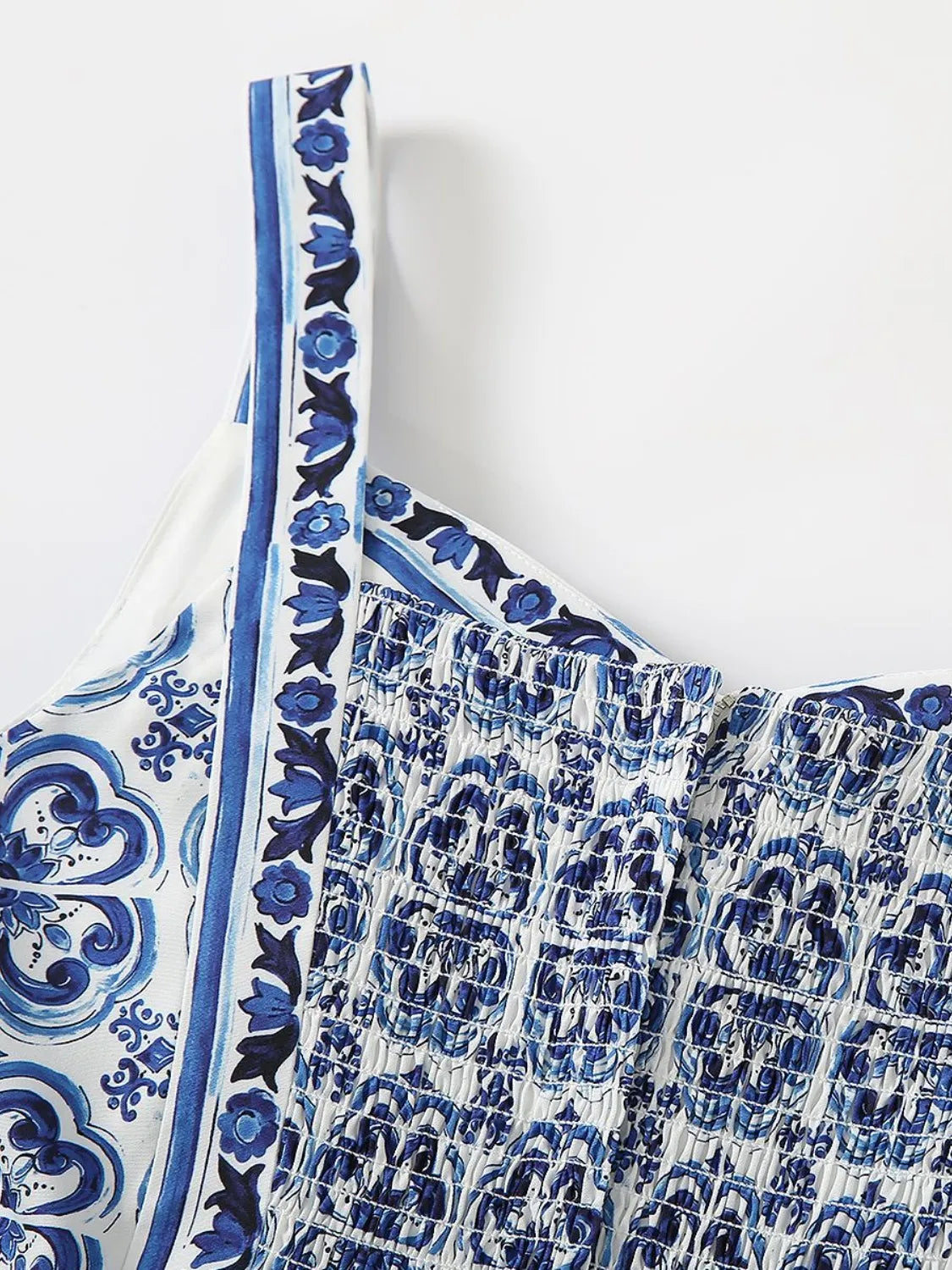 Smocked Printed Wide Strap Dress - -