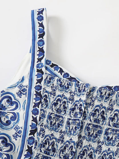 Smocked Printed Wide Strap Dress - -