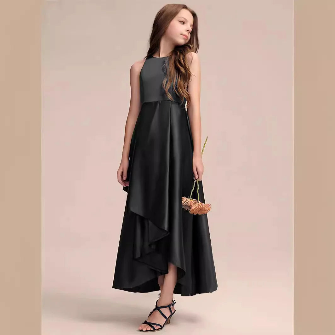 Girls Black Sleeveless Irregular Dress