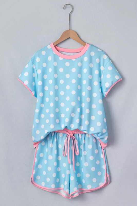 White Polka Dot Contrast Trim Top and Drawstring Shorts Set - - Short Sets