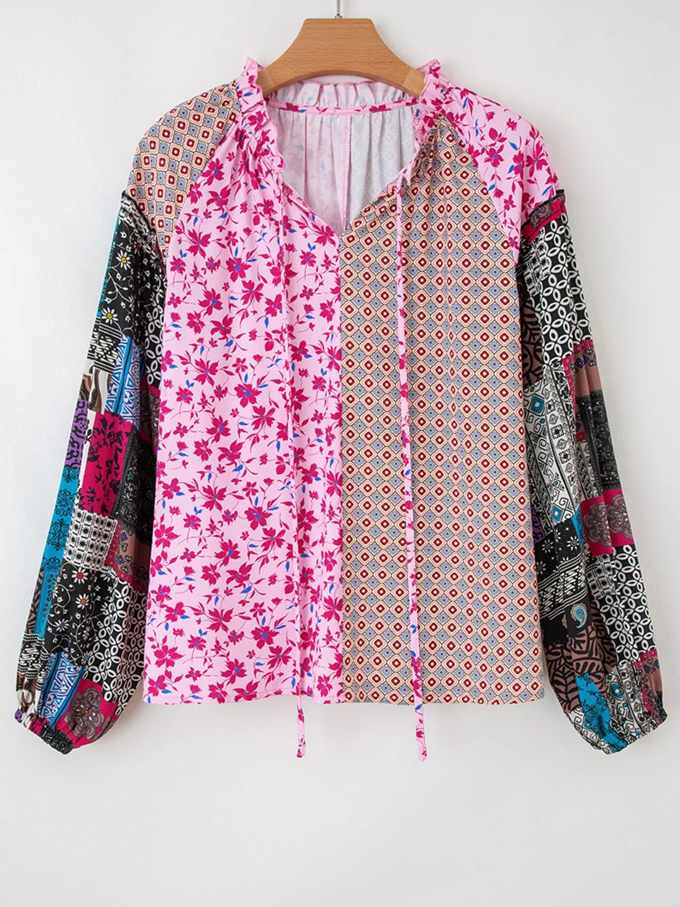 Boho Mixed Floral Drop Shoulder Bubble Sleeve Blouse - -