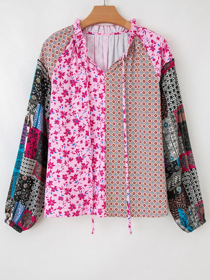 Boho Mixed Floral Drop Shoulder Bubble Sleeve Blouse - -