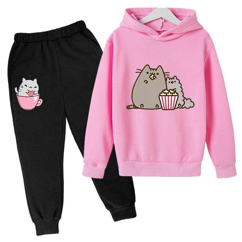 Cat Print Hoodie Clothing Sets