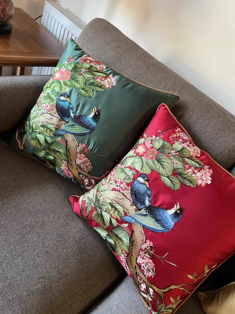 Embroidered Magpies Silk‑Like Pillowcase – Asian Home Decor 18" × 18" - - Pillowcases