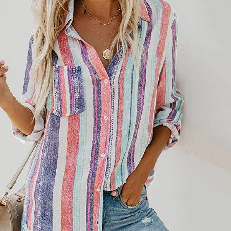 Vertical Stripe Print Button Long Sleeve Shirt Daily Single Breasted Work Blouse