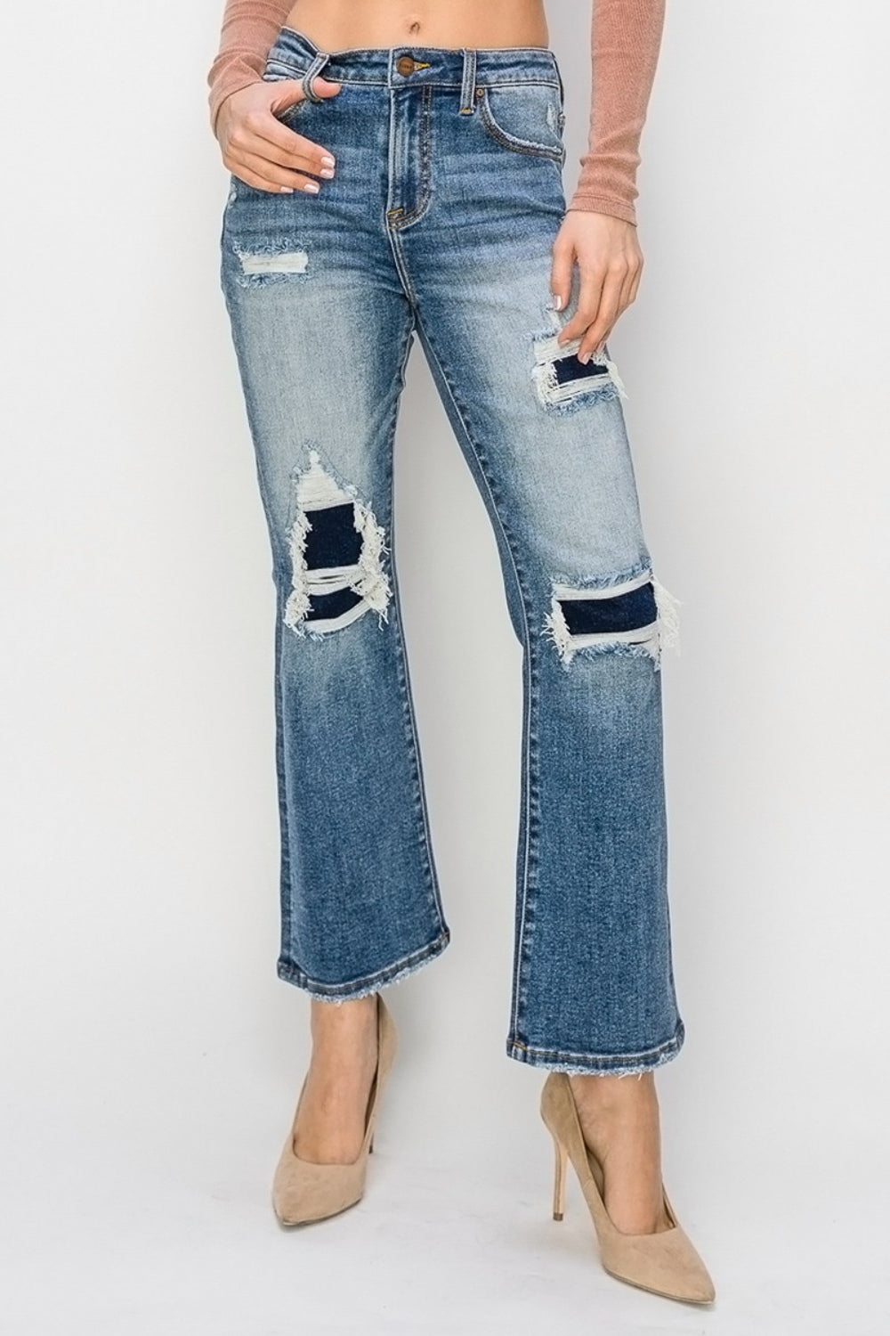 Risen Distressed Ankle Flare Blue Washed Denim Jeans - - jeans