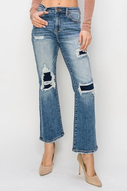 Risen Distressed Ankle Flare Blue Washed Denim Jeans - - jeans