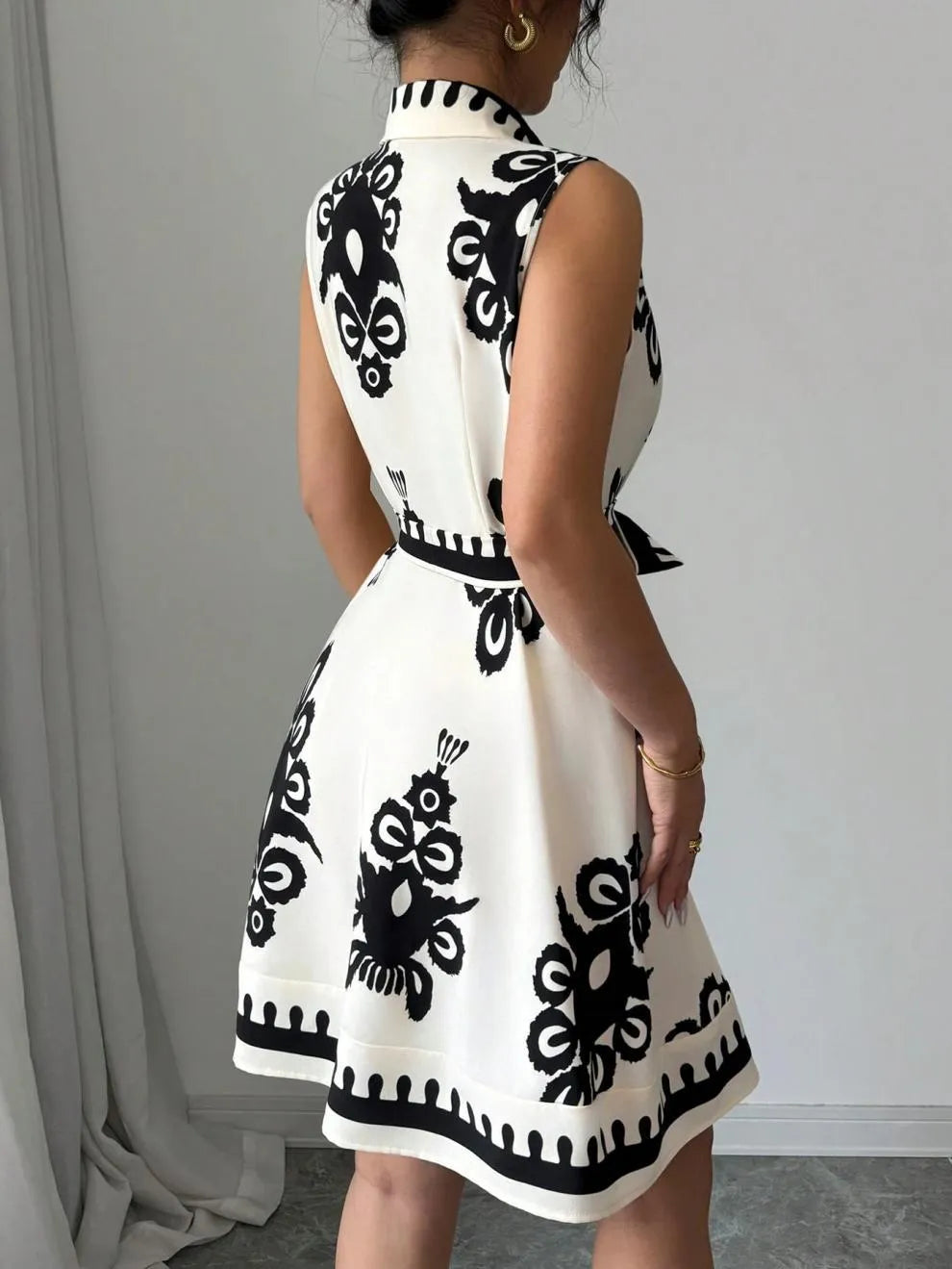 Printed Sleeveless Button Front Dress - -