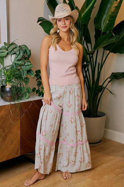 BiBi Rose Printed Gauze Trim Detail Smocked Maxi Pants - -