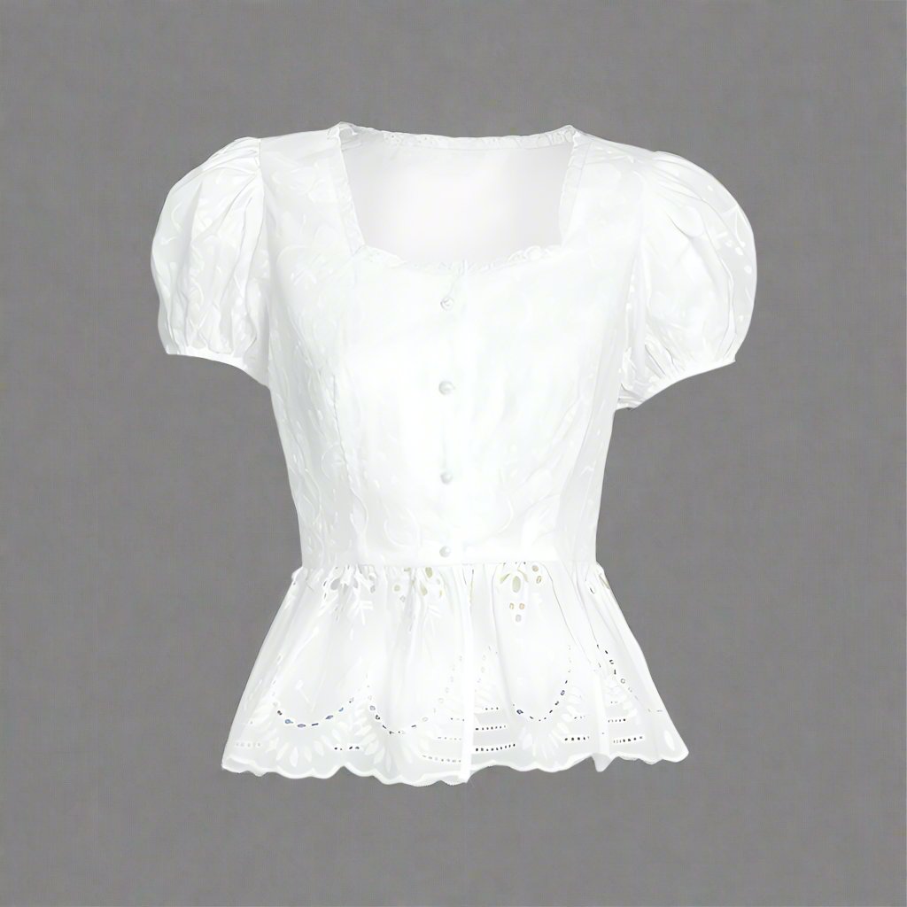 Button Up Elastic Waistline Silhouette Young Women Lace Top Blouse