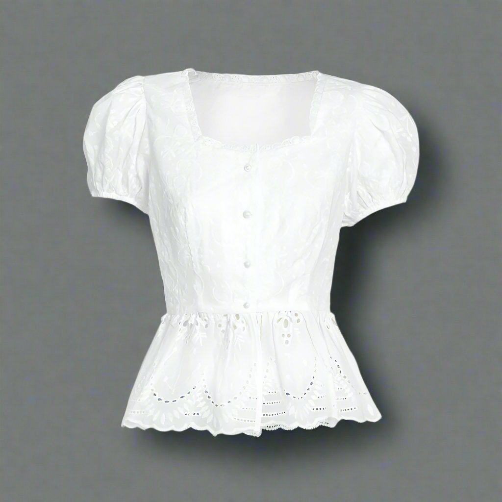 Button Up Elastic Waistline Silhouette Young Women Lace Top Blouse