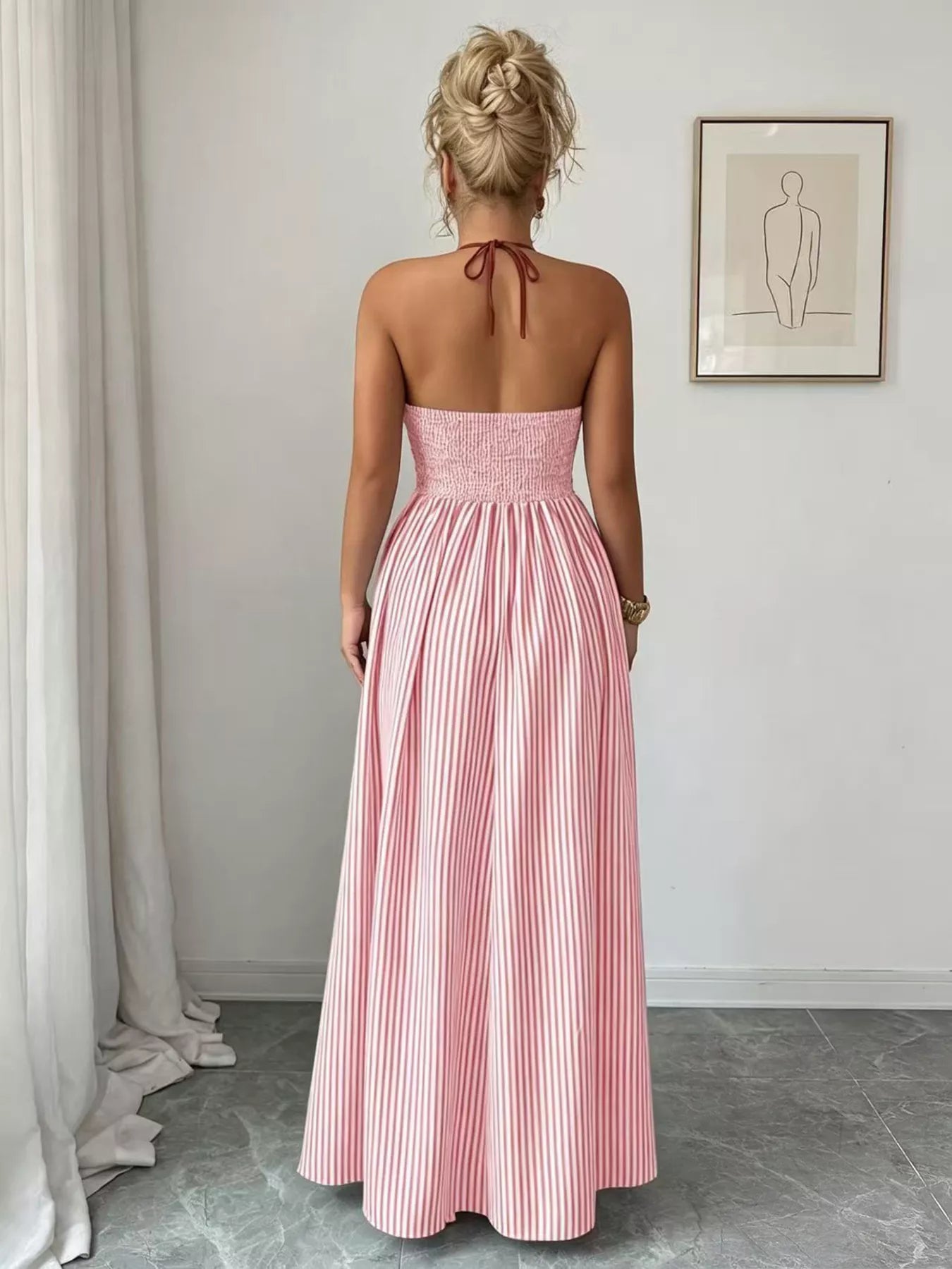 Striped Halter Neck Maxi Dress - -