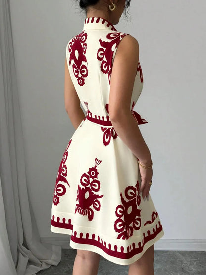 Printed Sleeveless Button Front Dress - -