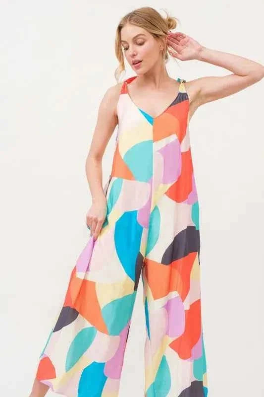 Tied Shoulder Straps Wide-Leg Geo Print Jumpsuit - - Jumpsuit