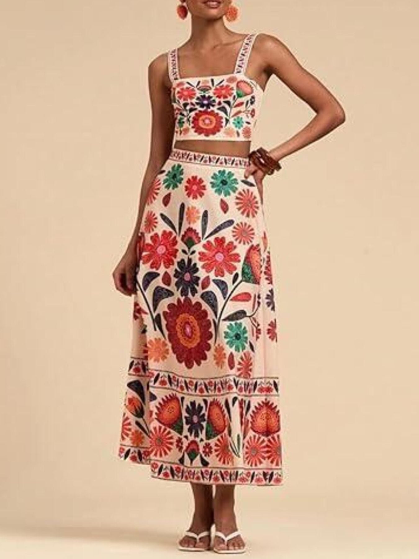 Floral Print Crop Top and Skirt Set - -