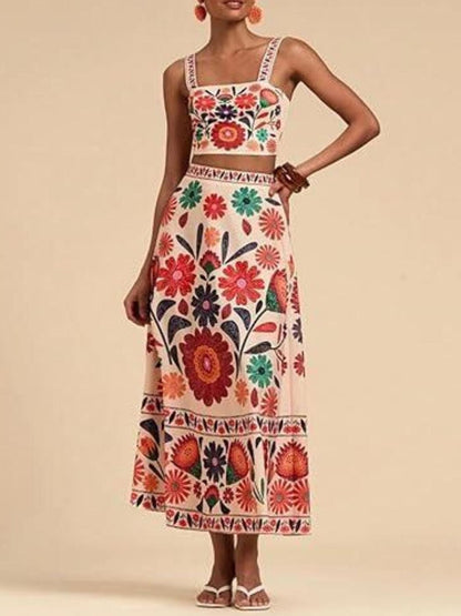 Floral Print Crop Top and Skirt Set - -