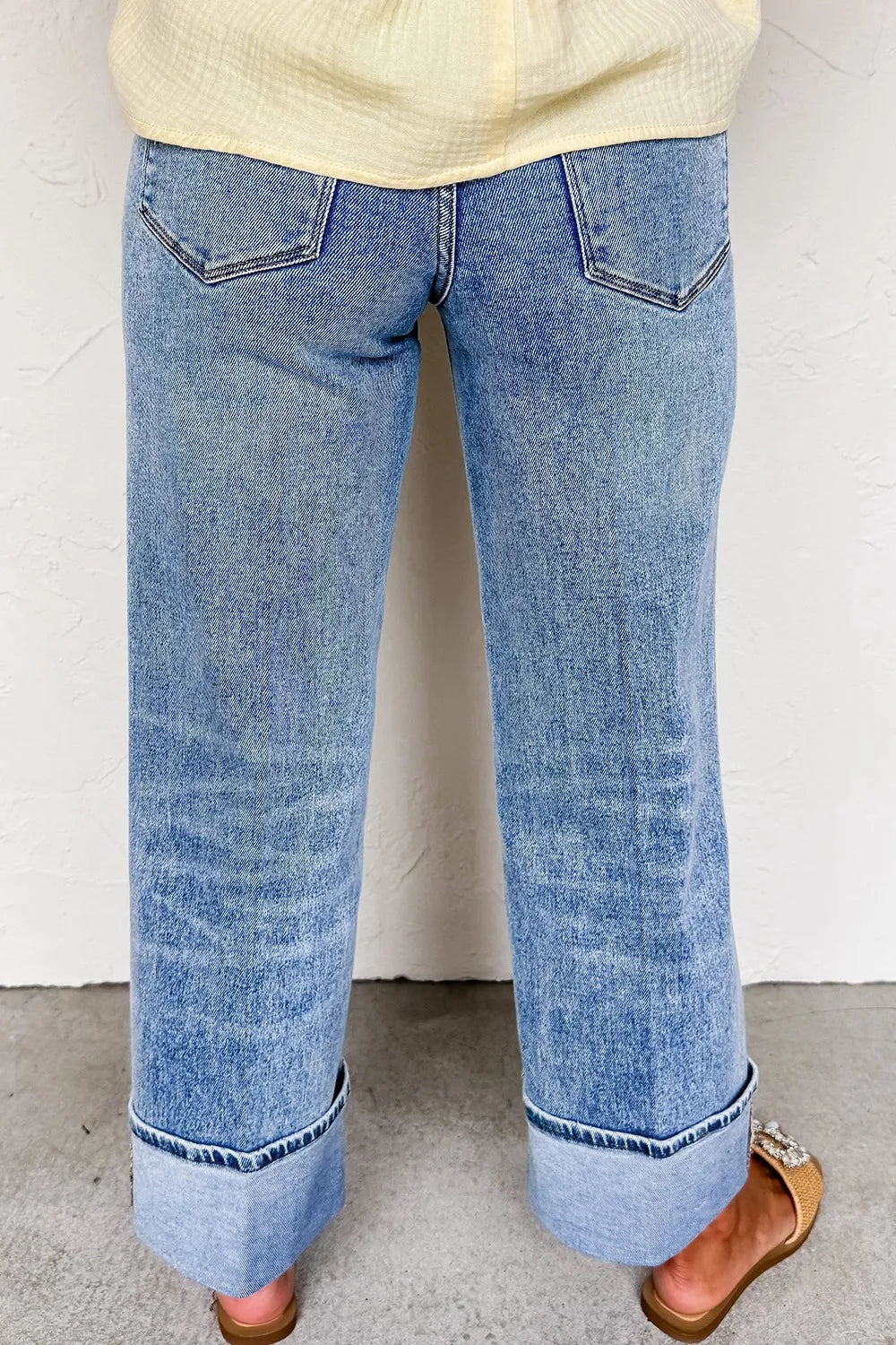 High-Waisted Wide-Leg Cuffed Jeans - -