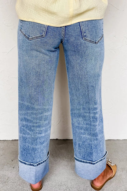 High-Waisted Wide-Leg Cuffed Jeans - -