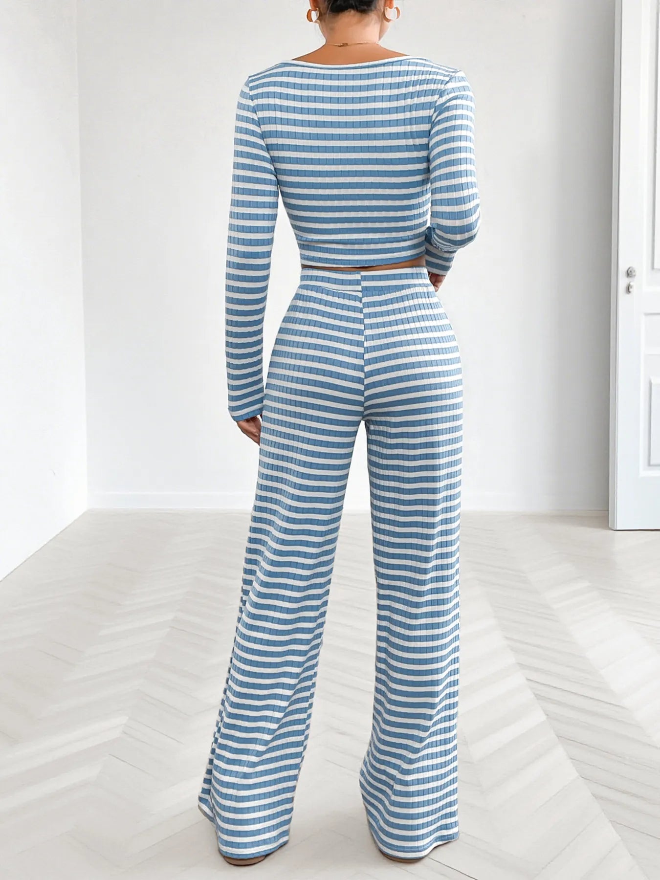 Striped Square Neck Long Sleeve Top and Pants Lounge Set- Shopimist- {{Product type}}