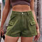 High-Waist Denim Shorts with Pockets - Army Green -