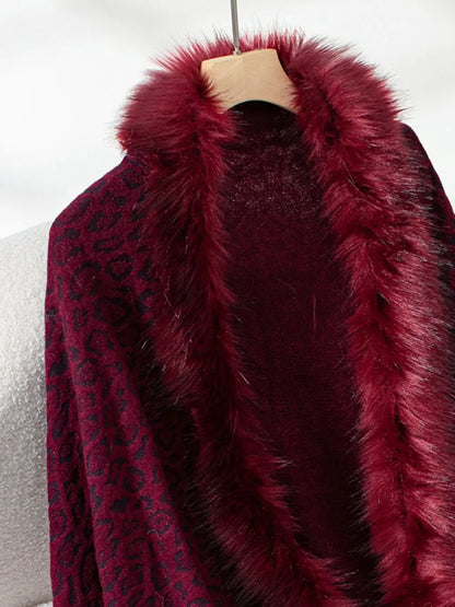 Fringe Leopard Open Front Long Sleeve Poncho - -