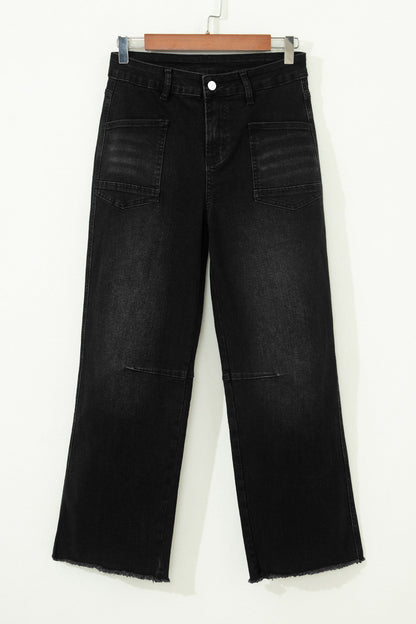 Denim Frayed Hem Cropped Straight Leg Jeans - - Bottoms/Jeans