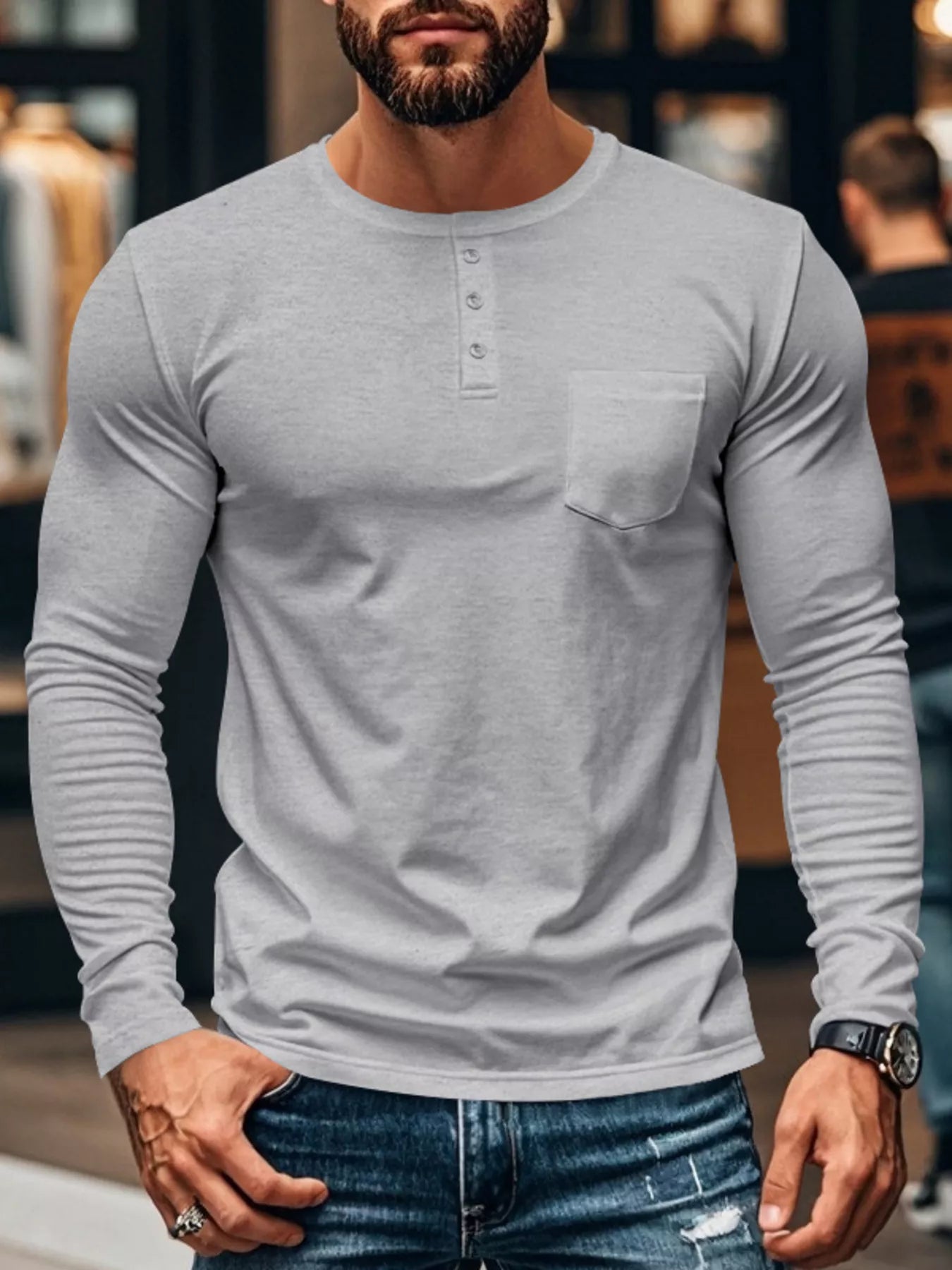 Men's Plus Size Casual Long Sleeve Henley T-Shirt with Pocket - Light Gray -