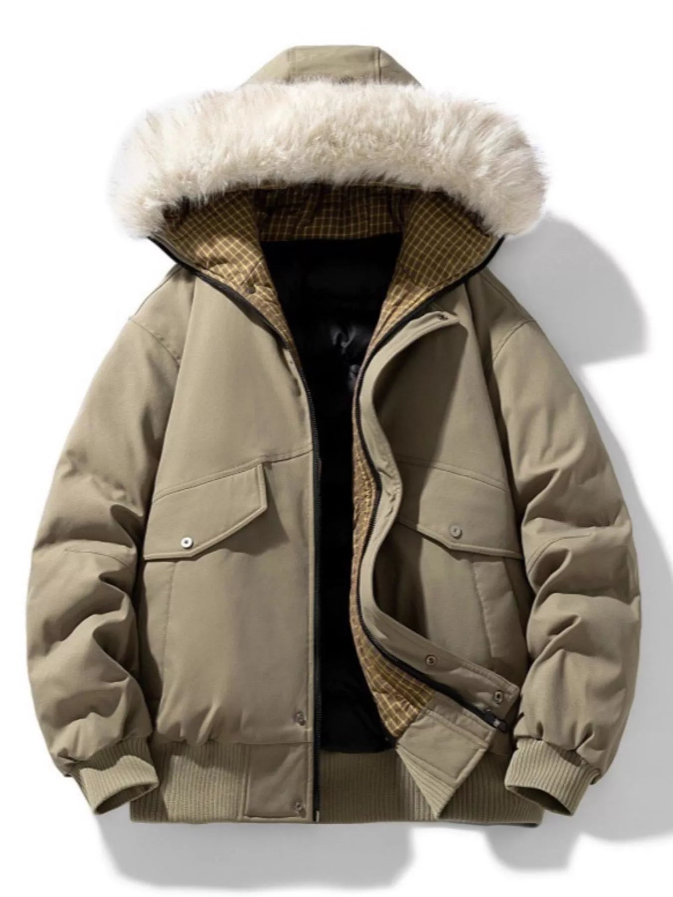 Men's Plus Size Fur Hooded Warm Padded Coat - Army Green -