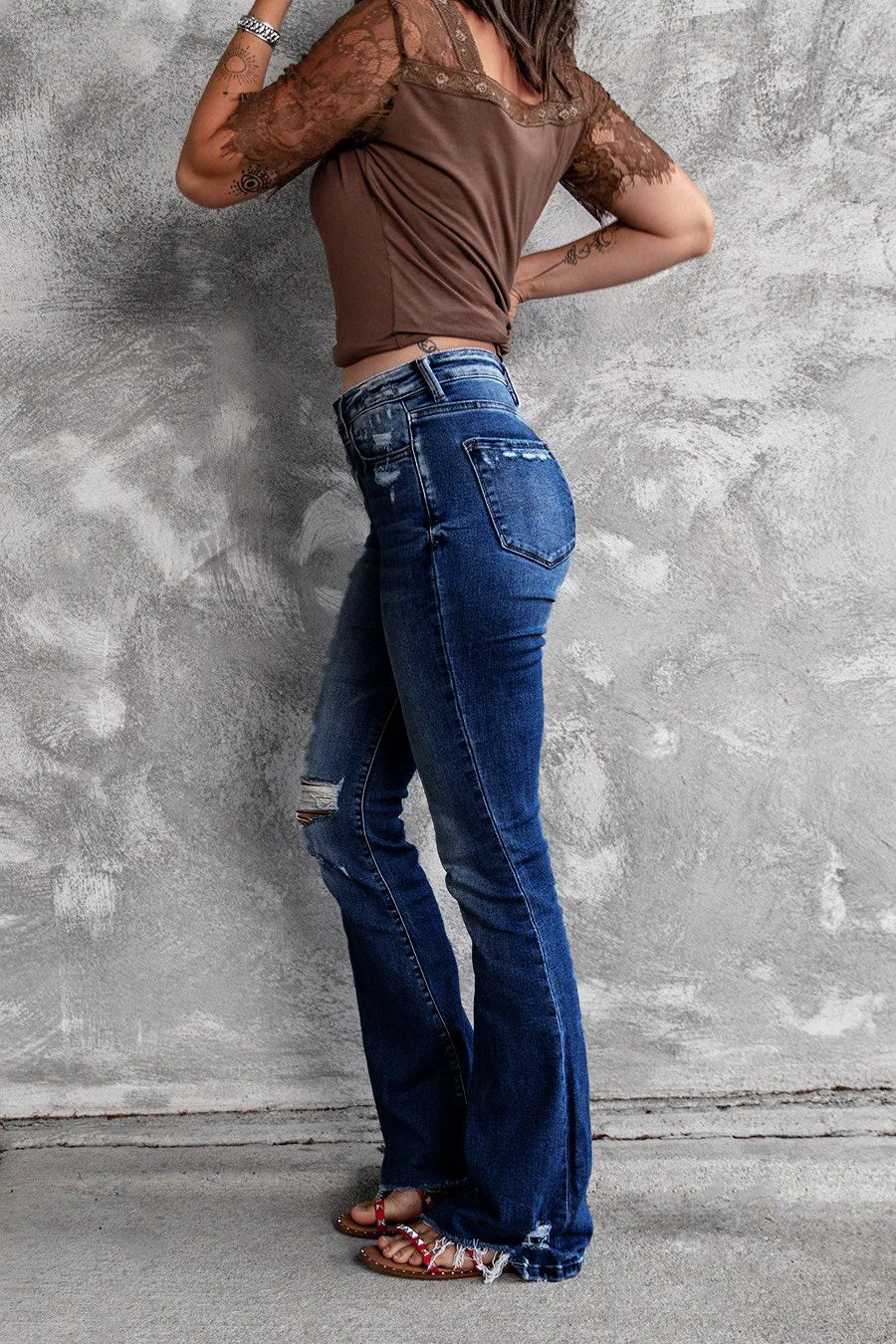 Women Holes Ripped Flare Jeans Hollow Out High Waist Wide Leg Denim Jeans