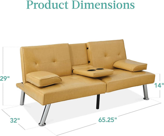 Convertible Futon Sofa Bed in Faux Leather Camel Yellow with Removable Armrests - - Sofa