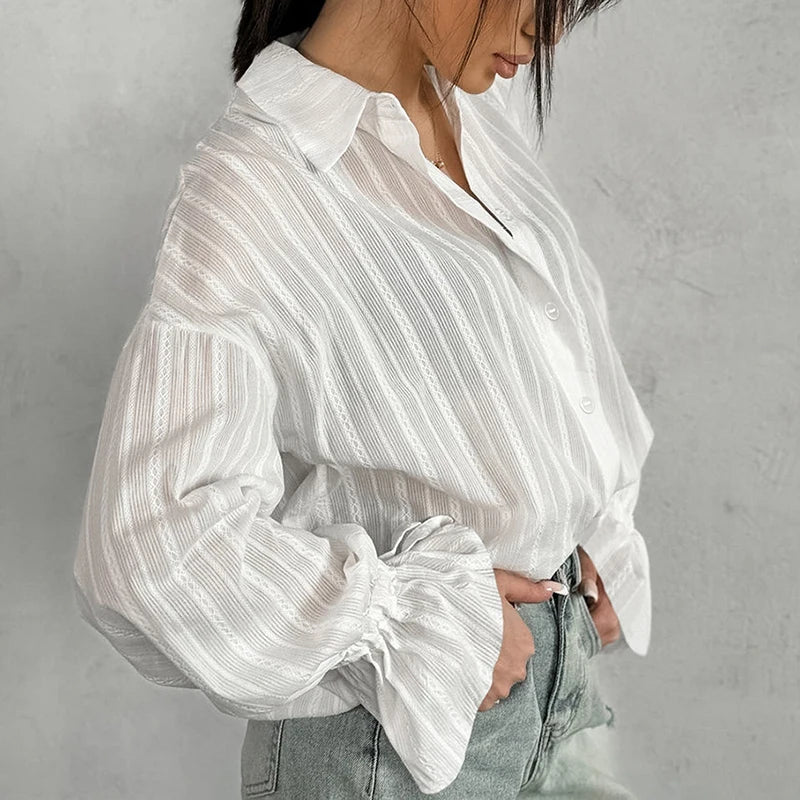 Jacquard Flare Sleeve Shirt White Solid Color Single-Breasted Loose Blouse