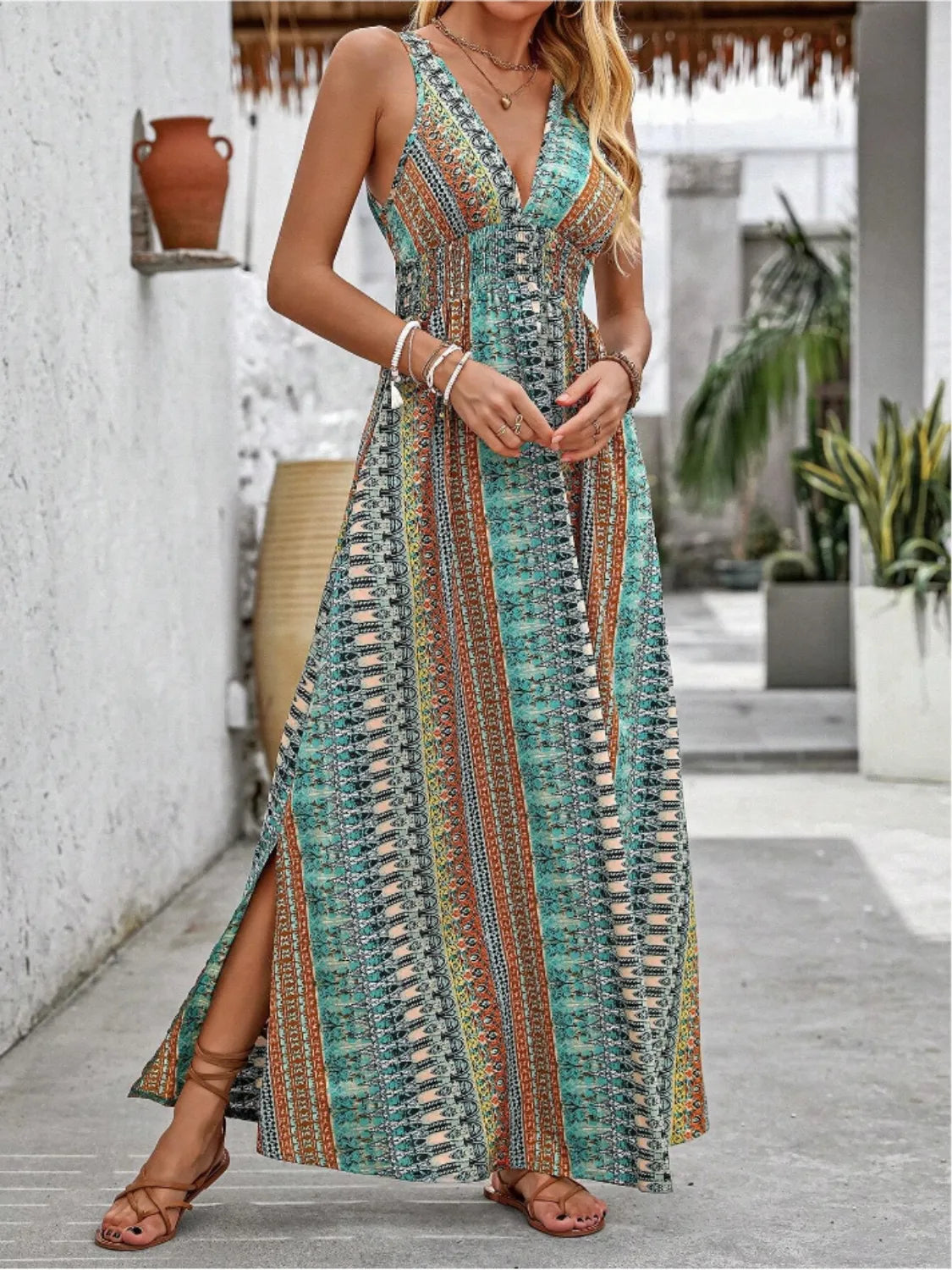 Tied Back Printed Sleeveless Maxi Slit Dress - -