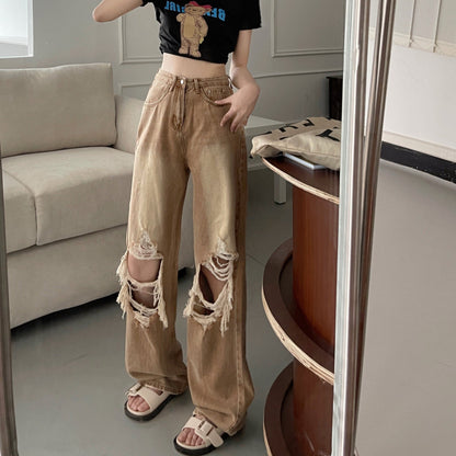Womens Retro Straight Casual Jeans - Coffee - jeans