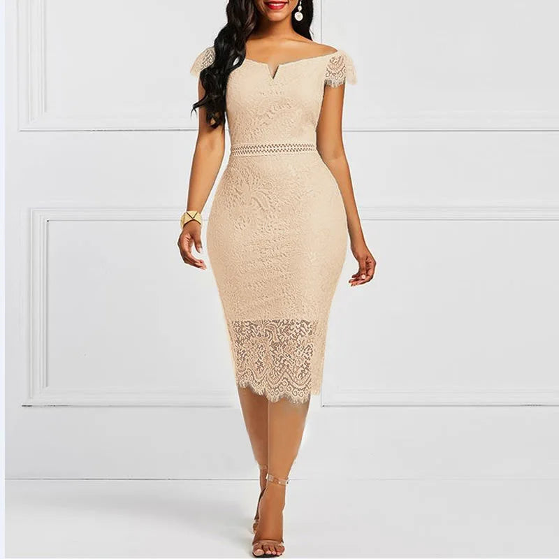 Sleeveless Off Shoulder Back Zipper Lace Slim Pencil Casual Party Evening Dress