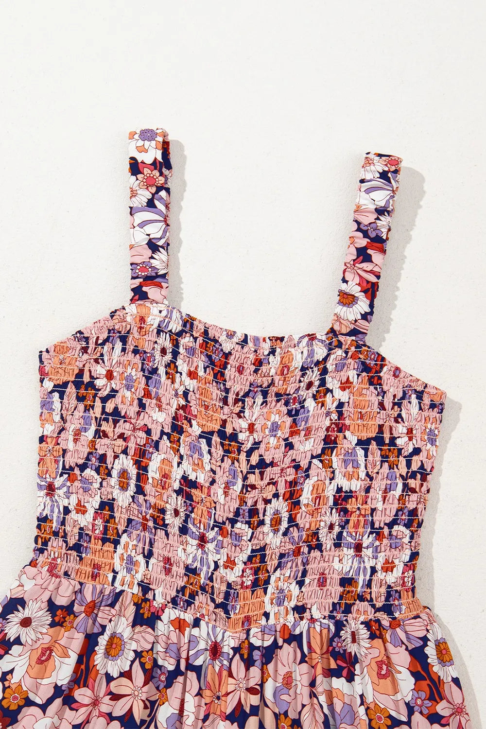 Floral Print Smocked High Waist Square Neck Jumpsuit - -
