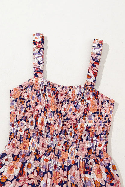 Floral Print Smocked High Waist Square Neck Jumpsuit - -