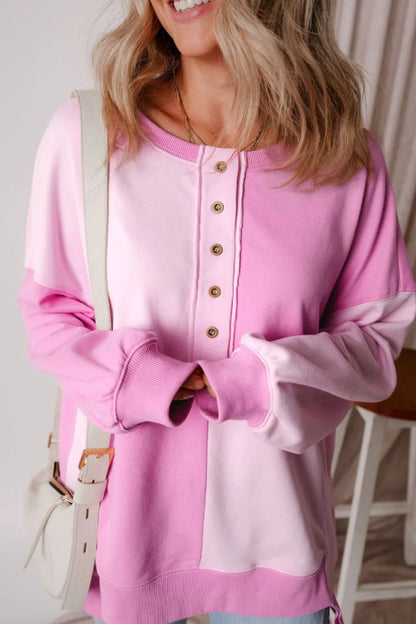 Color Block Half Button Long Sleeve Sweatshirt - -