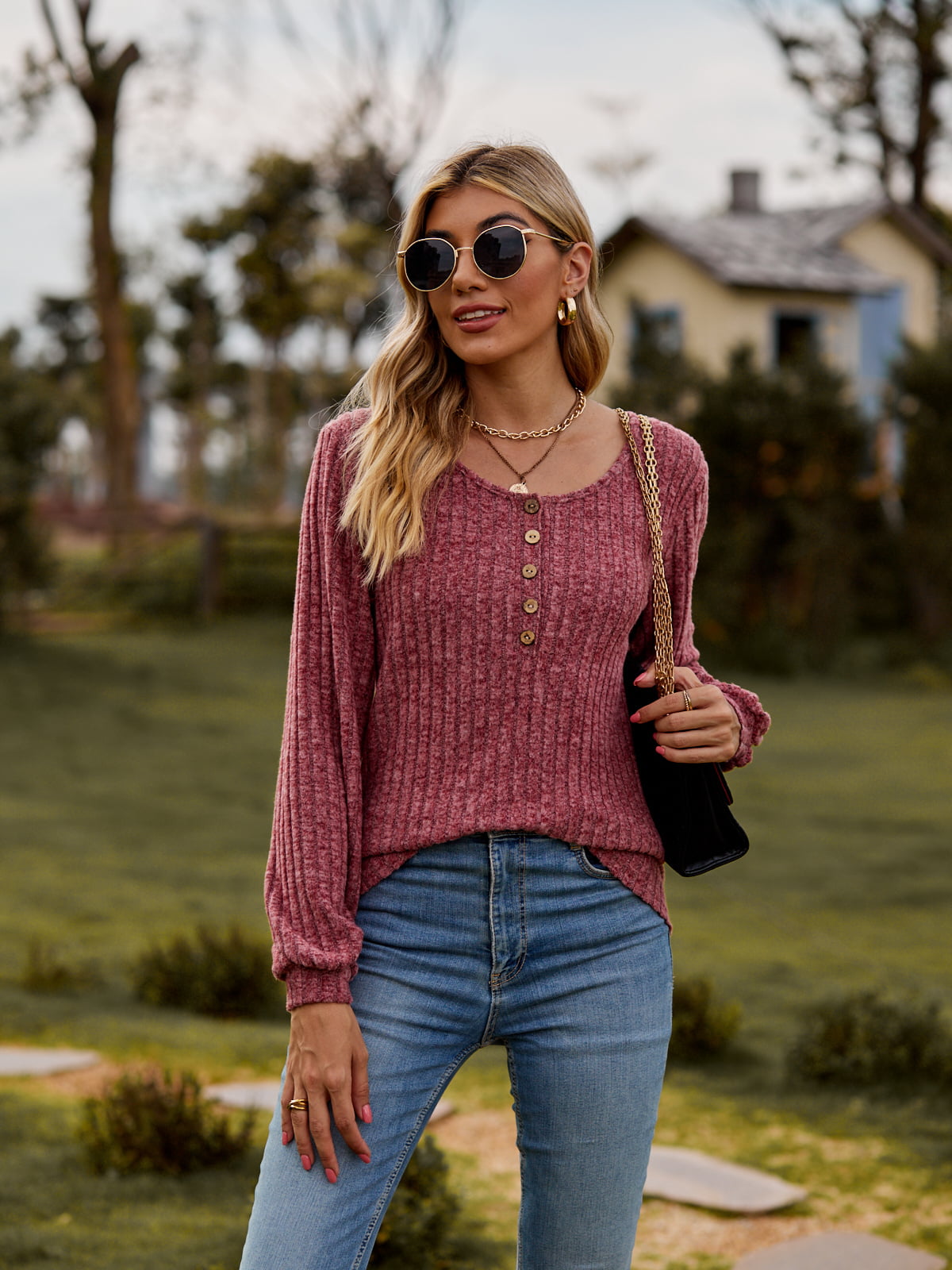 Round Neck Button-Down Long Sleeve Tee - -