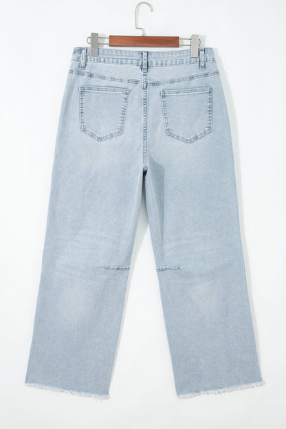 Denim Frayed Hem Cropped Straight Leg Jeans - - Bottoms/Jeans