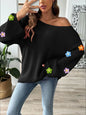 Flower Round Neck Long Sleeve Sweater - Black -