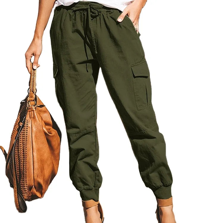 Women Cargo Pants Solid Color Elastic Waist Tie Long Women's Trousers